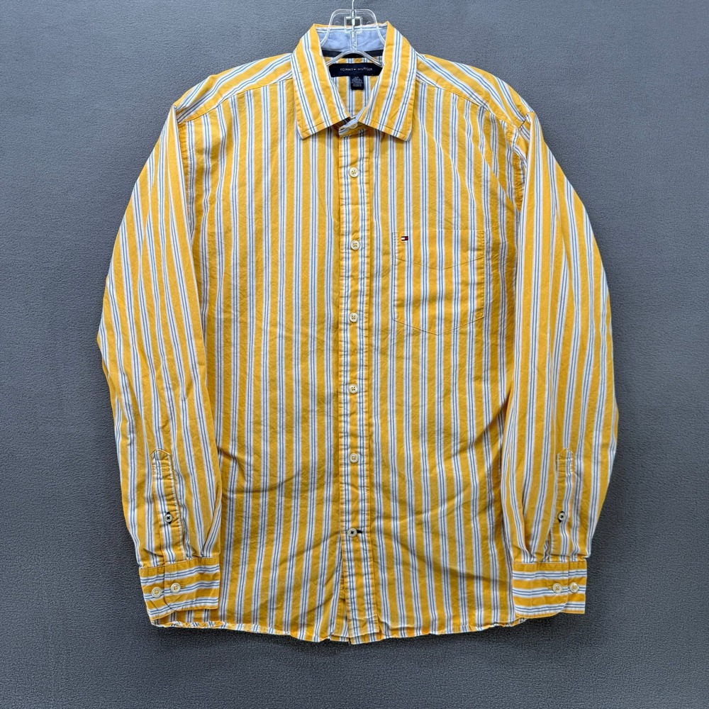 Tommy Hilfiger Mens Yellow Blue Striped Long Sleeve Button Down Shirt Small